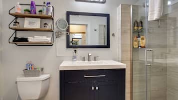 Combined shower/tub, hair dryer, towels
