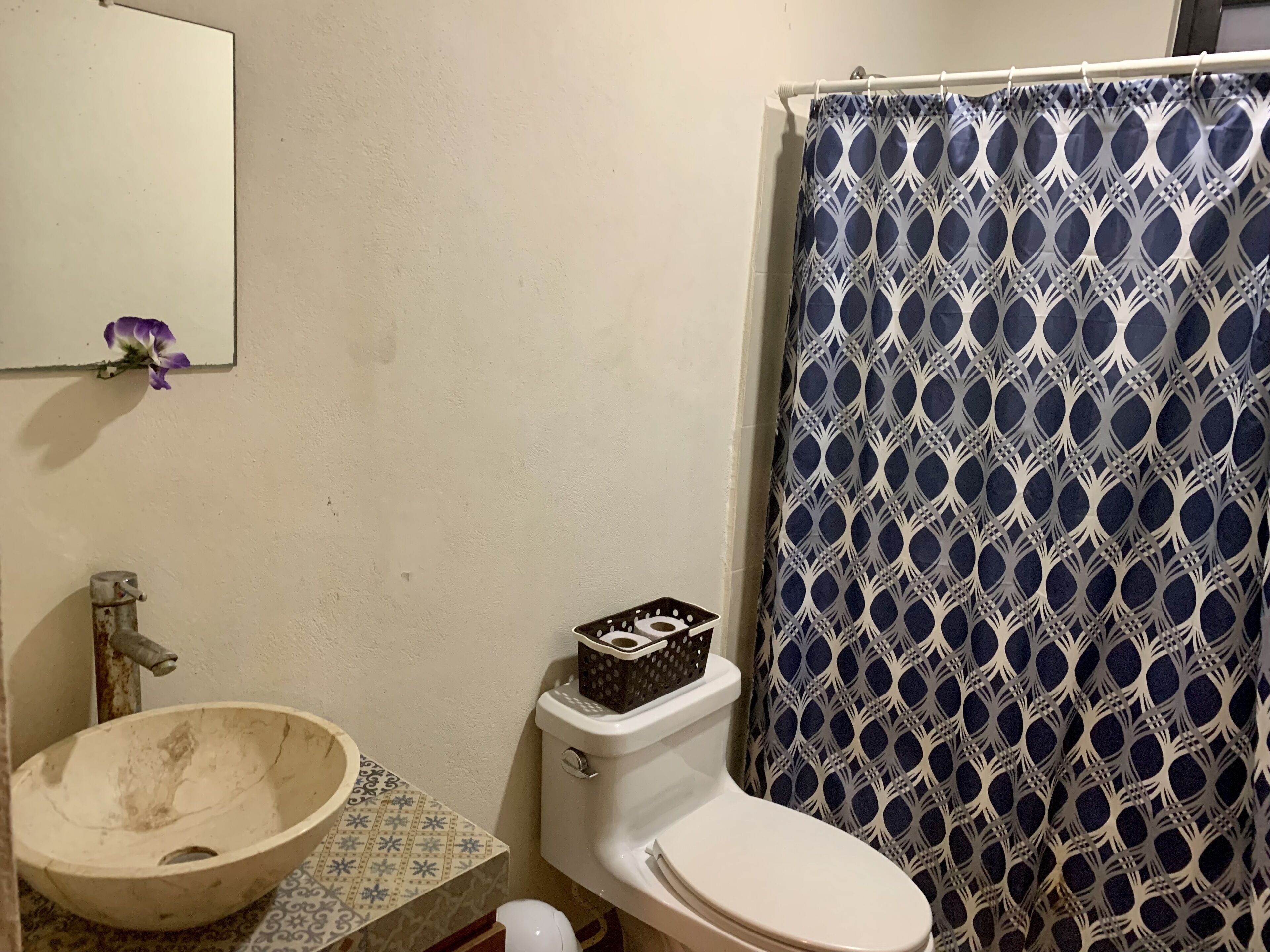 A bathroom with a white toilet, a white sink, and a patterned shower curtain.