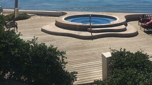 A pool area with a circular design, surrounded by palm trees and benches, overlooking a calm sea.