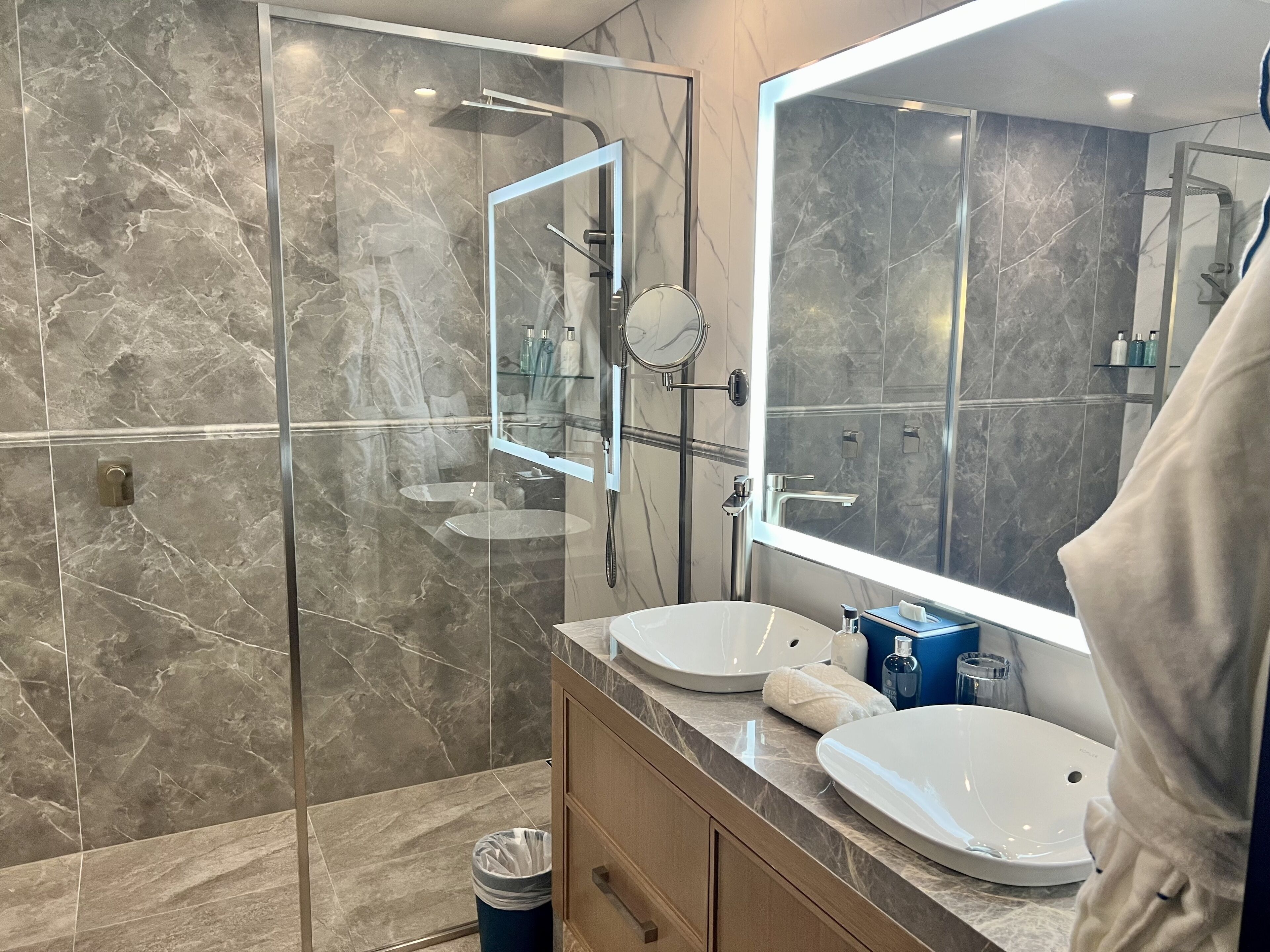 A modern bathroom with a glass-enclosed shower, two sinks, and a large mirror.
