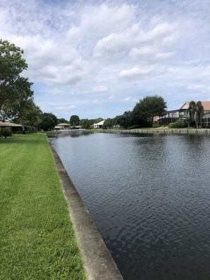 Enjoy a serene riverside setting with a calm waterway and well-manicured lawn.