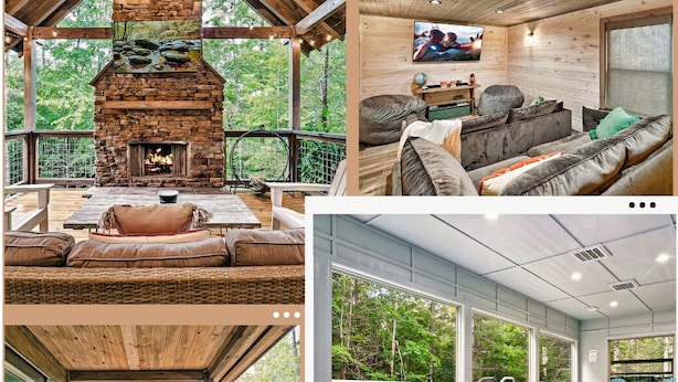 A cabin with a stone fireplace, a cozy living area with a sofa and TV, a hot tub with fruit, and a swimming pool. - Generational Cabin Near Gatlinburg & Dollywood (Sevierville)