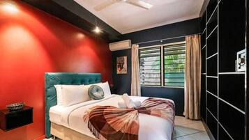 1 bedroom, desk, iron/ironing board, travel cot