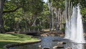 Ein Park mit Teich, Brücke und Springbrunnen.