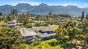 A residential area with houses, palm trees, and mountains in the background.