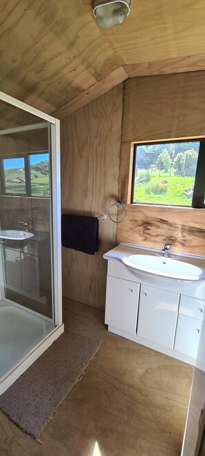Un intérieur en bois avec une douche en verre, un lavabo blanc et des placards.