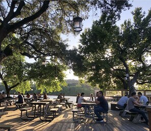 An outdoor dining area with picnic tables and hanging lanterns, surrounded by trees. - Central Austin Home w/ Pool/Spa / 5 mins Downtown  (Austin)