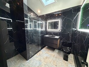 Combined shower/bathtub, towels, soap, toilet paper