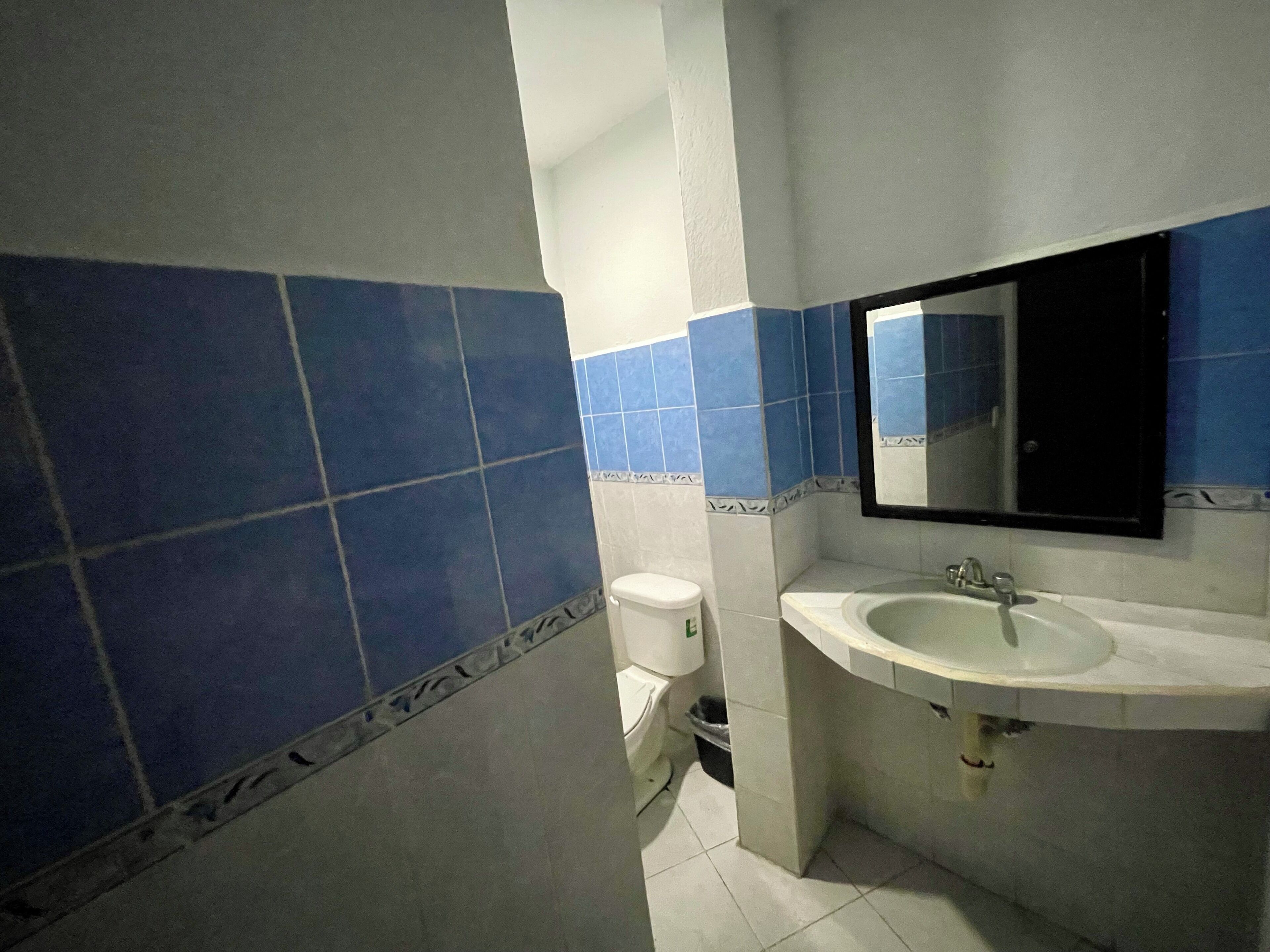 A bathroom with blue and white tiles, a white sink, and a mirror.