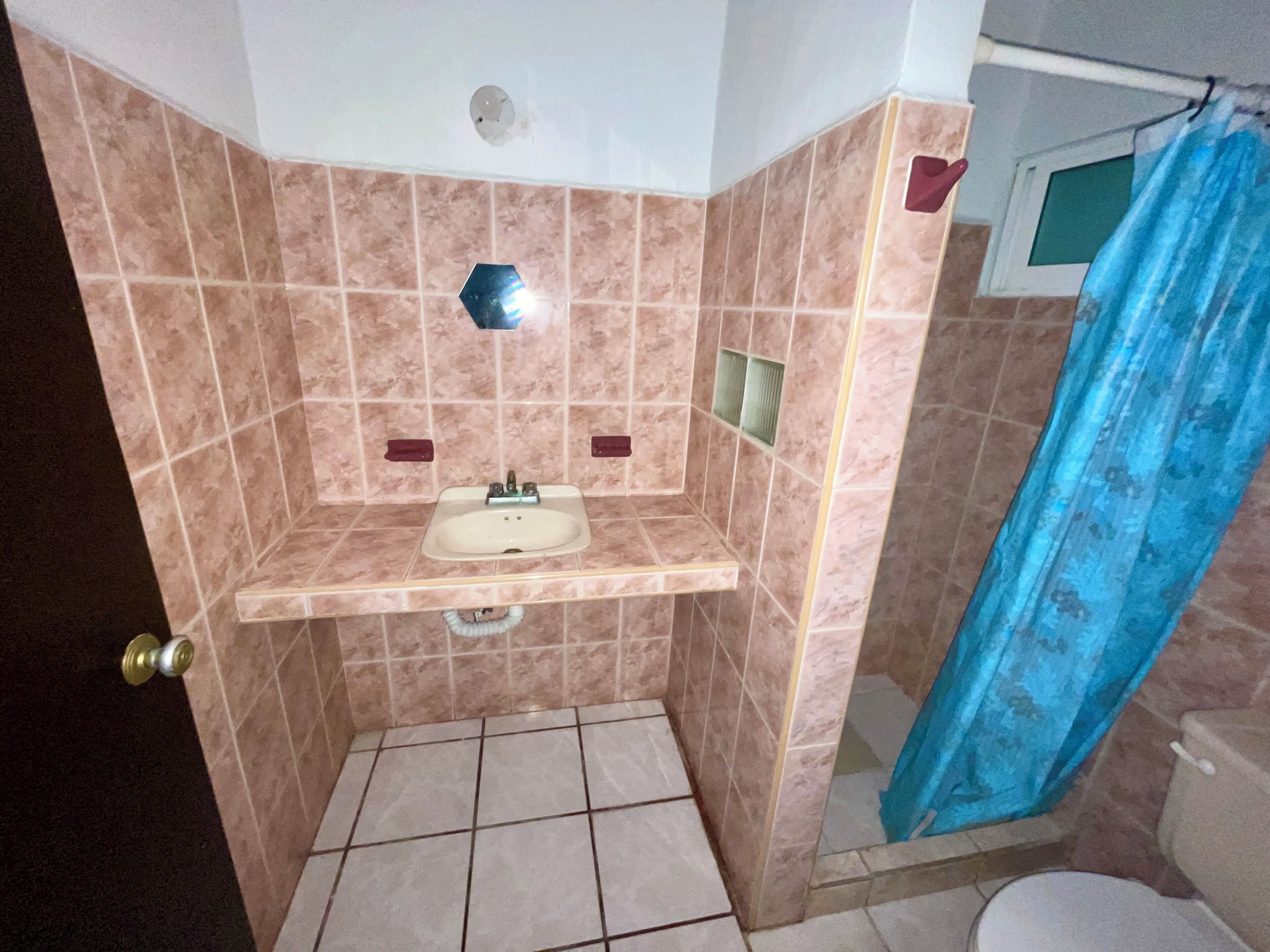 A small bathroom with a sink, a shower curtain, and a toilet.