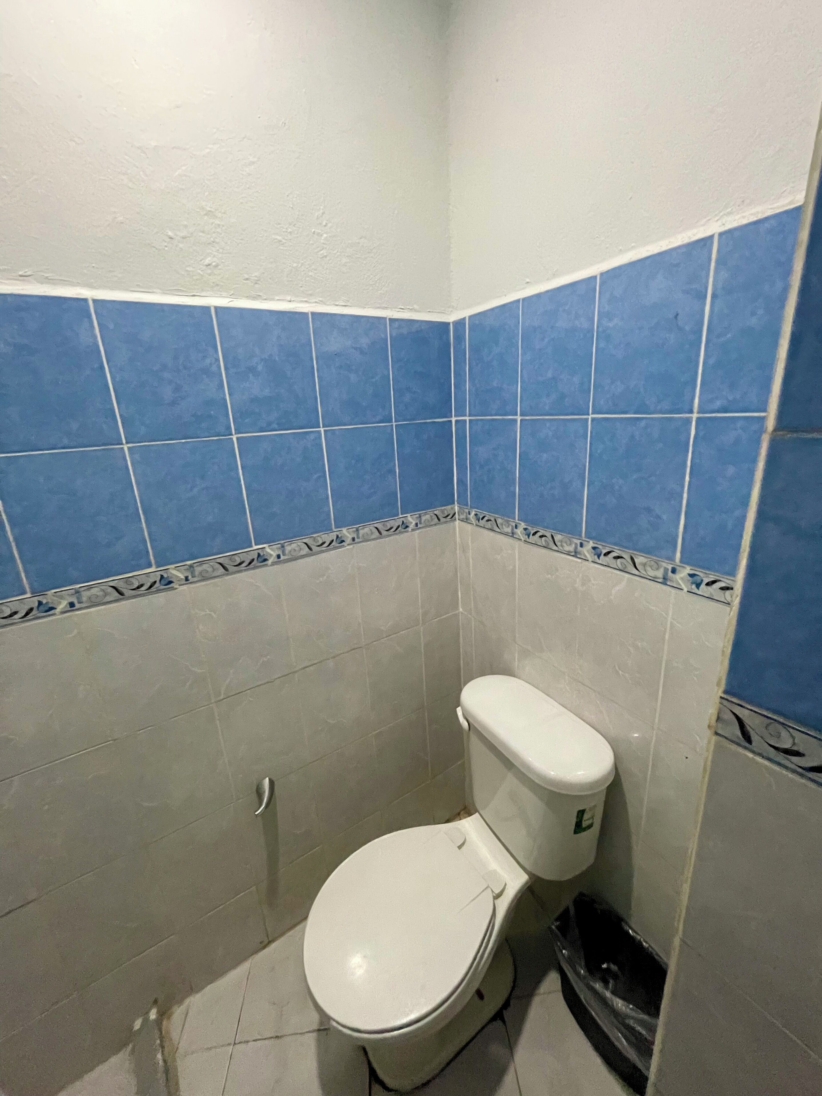 Een kleine badkamer met toilet, een prullenbak en blauw-witte tegels.