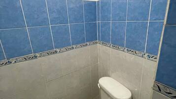 Een kleine badkamer met toilet, een prullenbak en blauw-witte tegels.