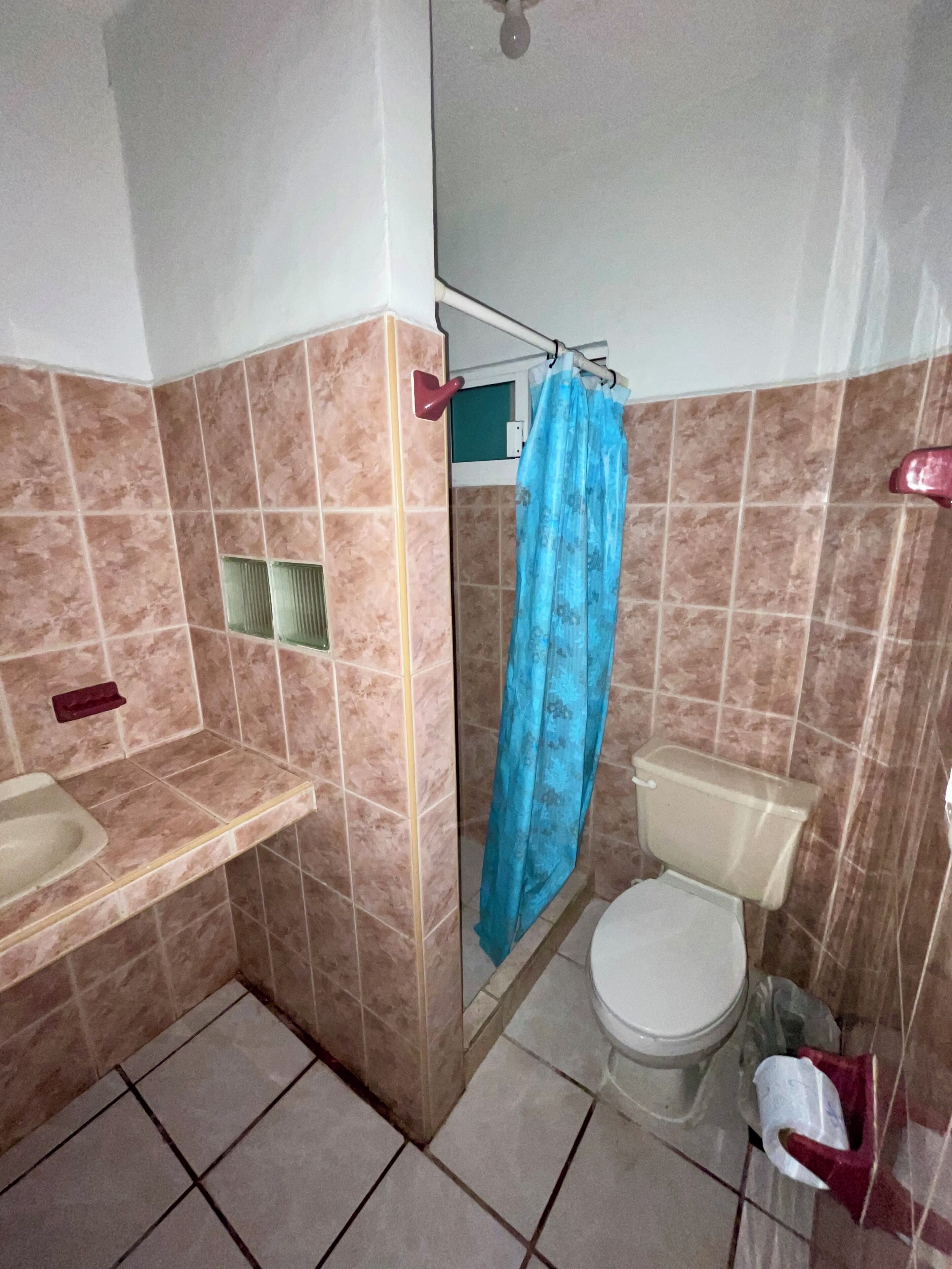 Un baño con ducha, inodoro y lavamanos.