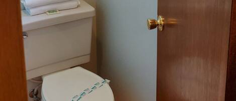 A bathroom with a toilet, a roll of toilet paper, and a bottle of hand soap on the wall.