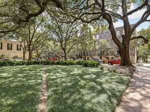 A tree-lined street with parked cars and a brick building in the background. - Gorgeous Designer Apartment, Heated Pool Access (Savannah)