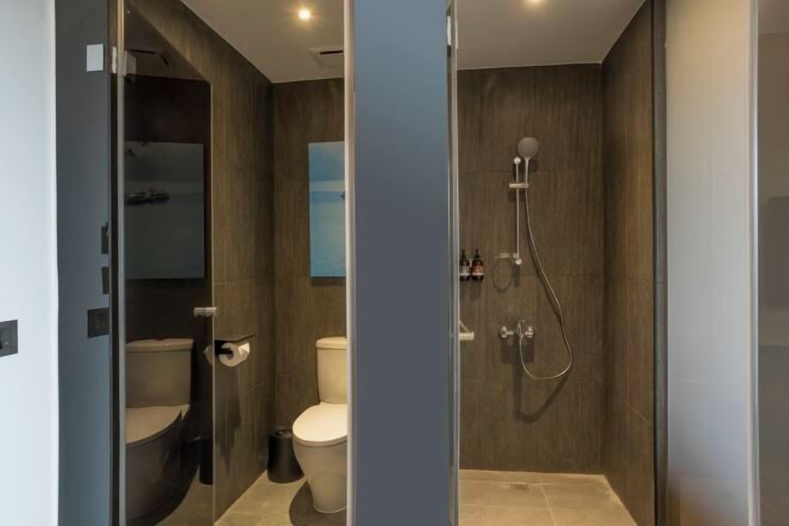 Rainfall showerhead, hair dryer, towels