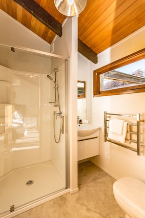 Shower, hair dryer, towels, soap