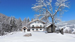 Una cabaña nevada con un refugio de madera, un árbol grande y un cielo azul despejado.