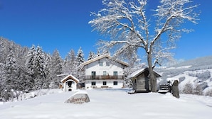 En snötäckt stuga med en trähusliknande byggnad, ett stort träd och en klarblå himmel.