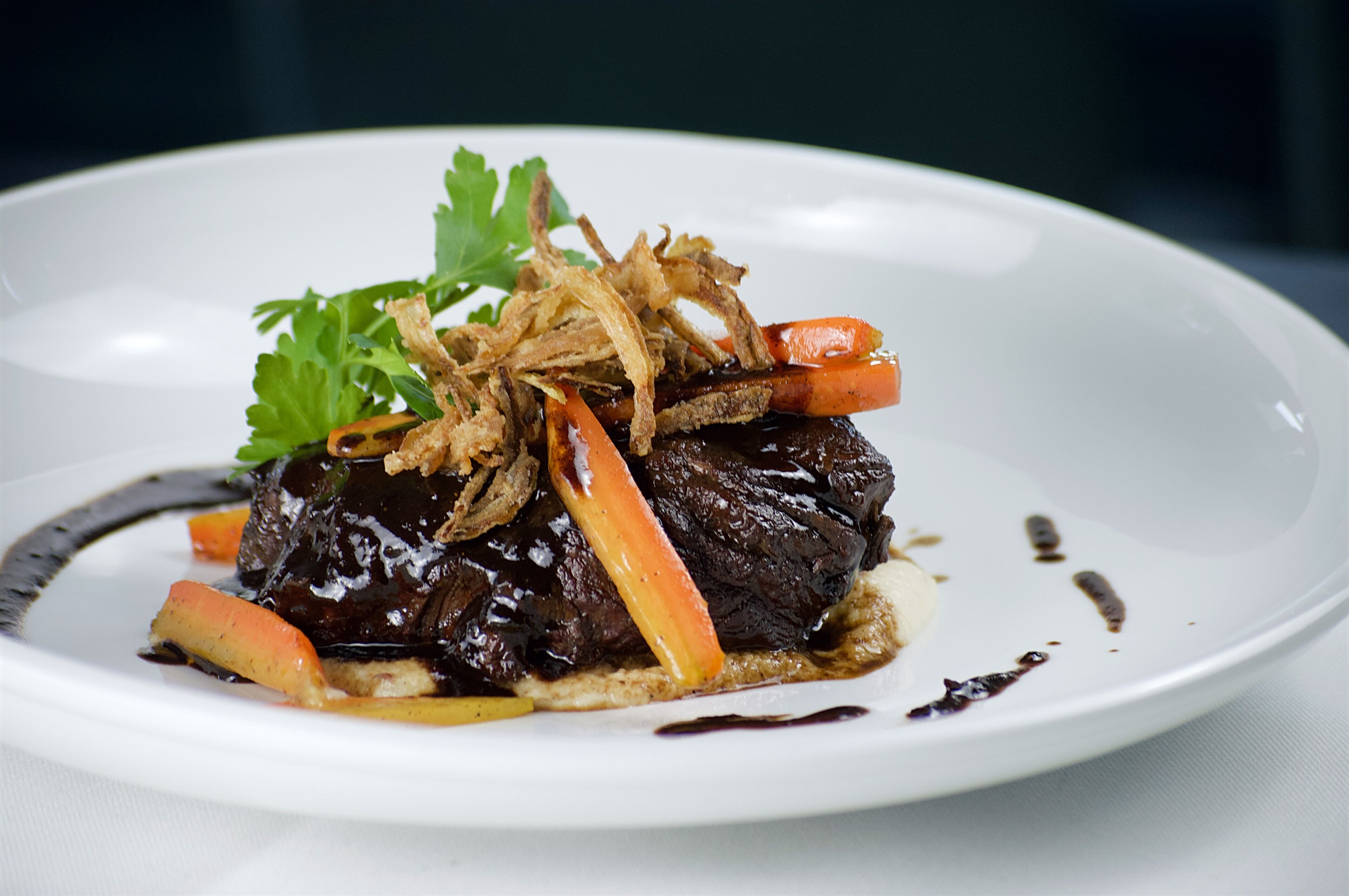 A plate of food with a dark meat centerpiece, garnished with fried onions and carrots, and a dark sauce.