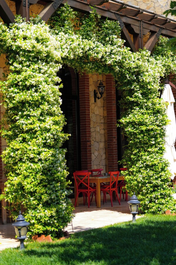 An outdoor seating area with a brick wall, red chairs, and a pergola covered in greenery.