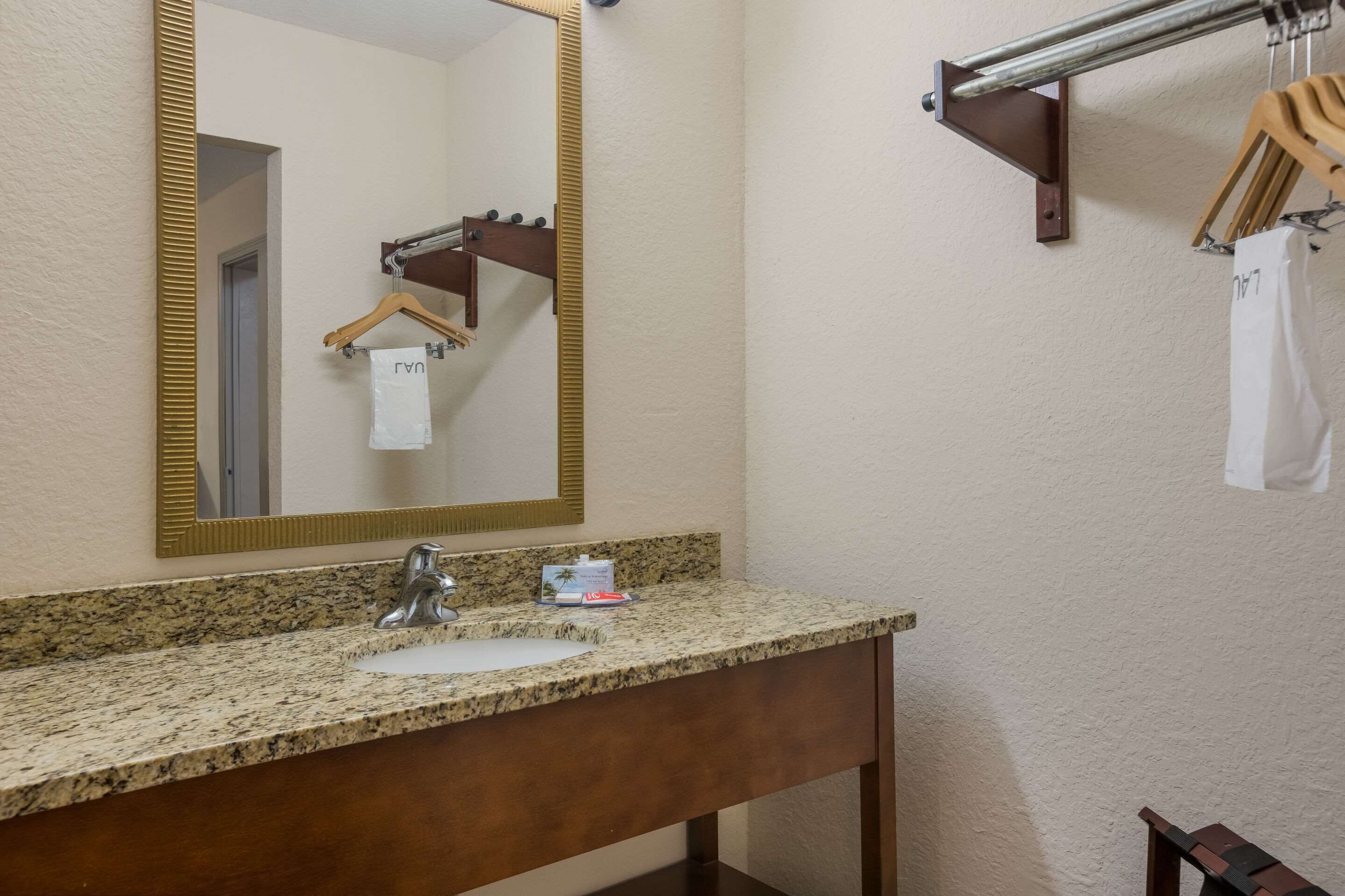 A bathroom with a granite countertop sink, a mirror with a gold frame, and a towel rack with hangers.