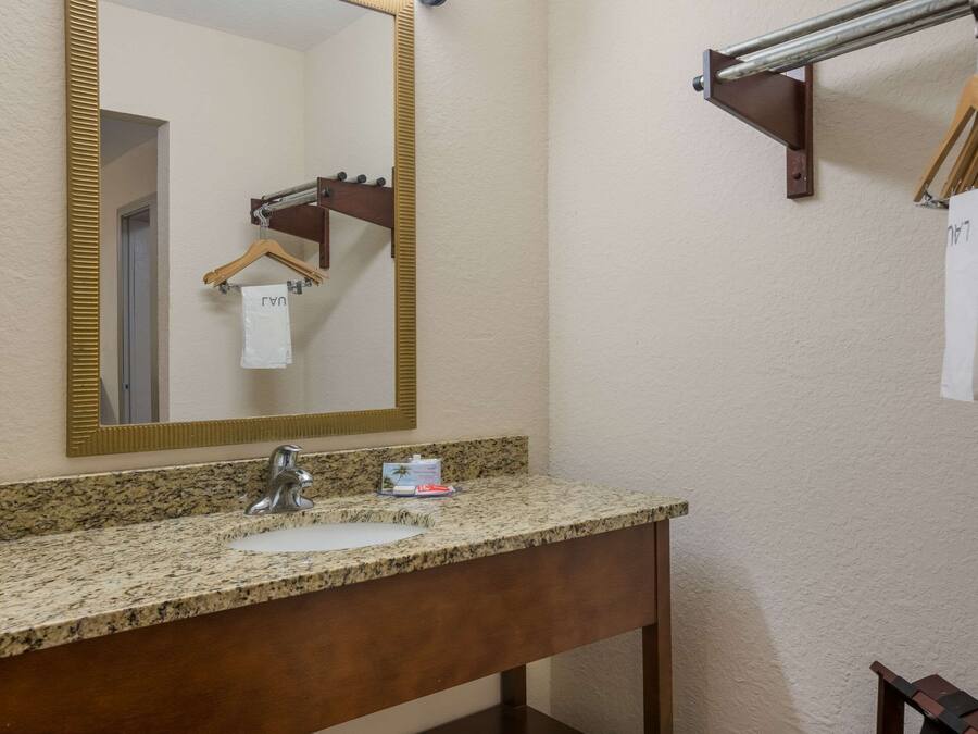 Un bagno con lavandino su piano in granito, uno specchio con cornice dorata e un portascopevoli con appendini.