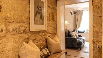 Smart TV, fireplace, books