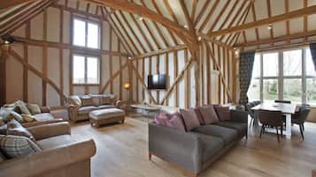 Smart TV, fireplace, books, stereo