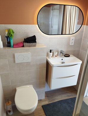 Tina, secadora de cabello, toallas, jabón 