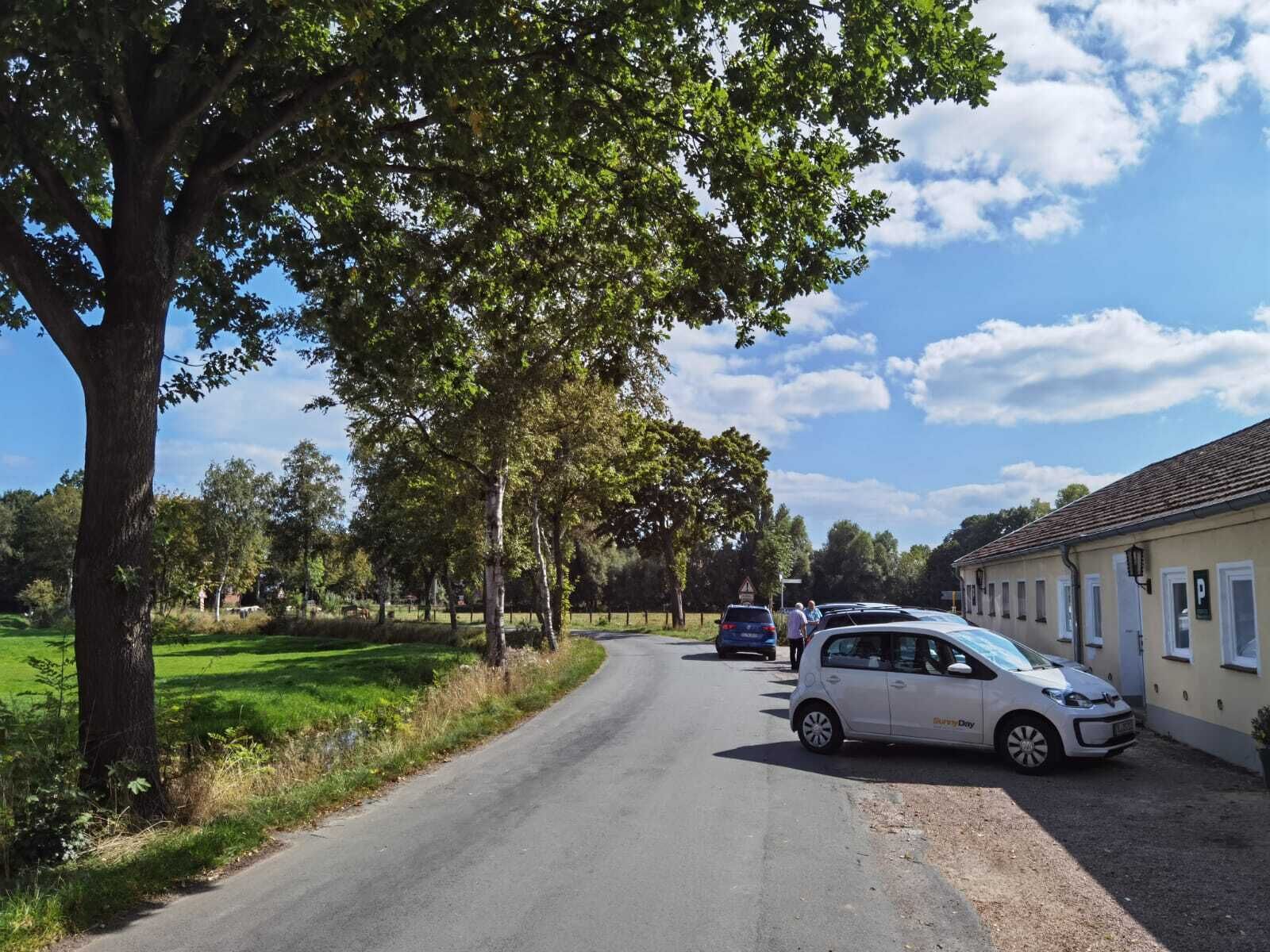 Eine Landstraße mit geparkten Autos, ein großer Baum links und ein Gebäude mit Ziegeldach rechts.