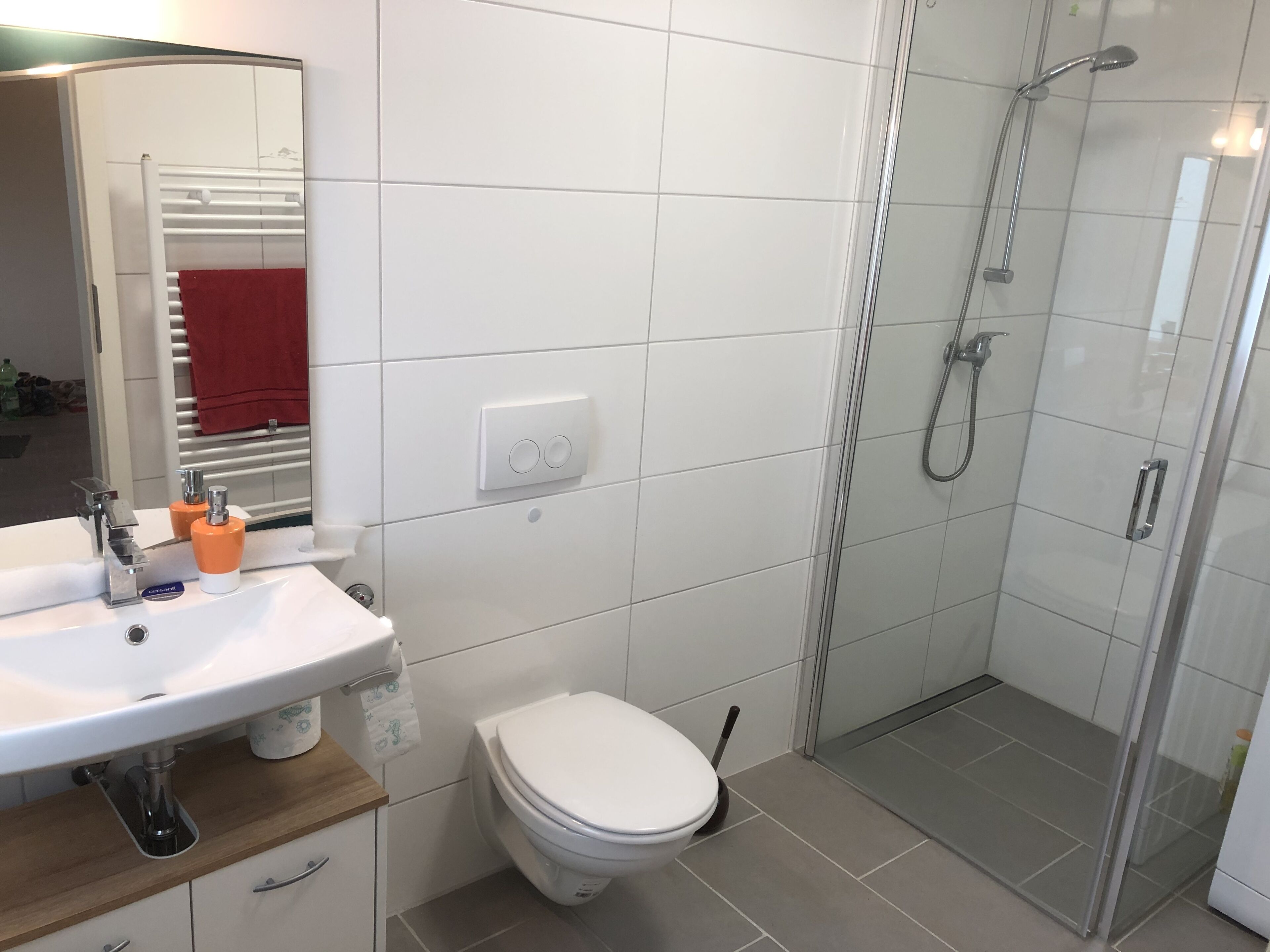 Shower, towels, soap, toilet paper