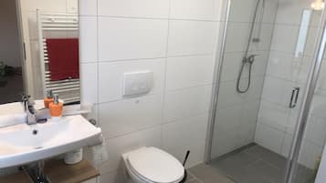 Shower, towels, soap, toilet paper