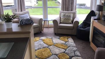 Cabin, 2 Queen Beds | Living room | 30-inch TV with cable channels, fireplace