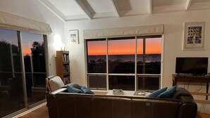 Ein Wohnzimmer mit großem Fenster, einer Couch, einem Fernseher und einem Bücherregal.