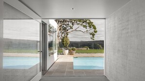 A modern indoor pool area with a clear view of a swimming pool outside, a large potted plant, and a concrete wall. - Amileka - luxury 25 acre estate with pool (Federal)