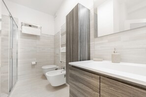 Shower, hair dryer, bidet, towels