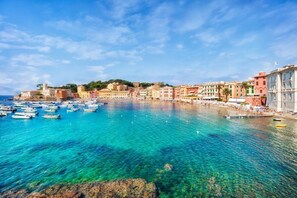 A coastal town with clear blue waters, colorful buildings, and boats docked along the shore.