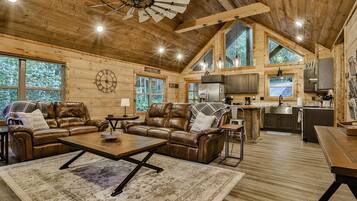 Smart TV, fireplace, video games, DVD player