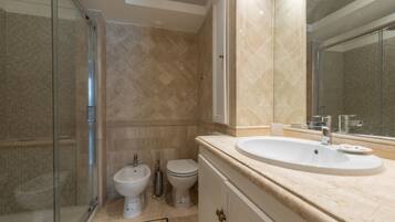 Shower, hair dryer, bidet, towels