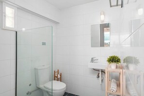 Shower, hair dryer, towels, soap