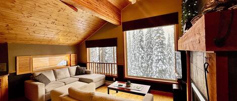 Smart TV, fireplace, video games, DVD player