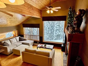 Smart TV, fireplace, video games, DVD player