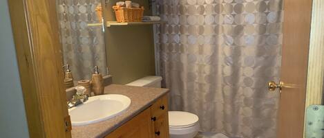 A bathroom with a wooden vanity, a white sink, a toilet, and a shower curtain with a circular pattern.