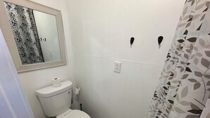 Ein kleines Badezimmer mit Toilette, Spiegel und Duschvorhang.