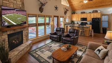 Smart TV, fireplace, books, video library