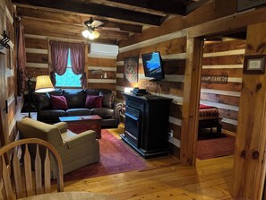 TV, fireplace, DVD player, music library