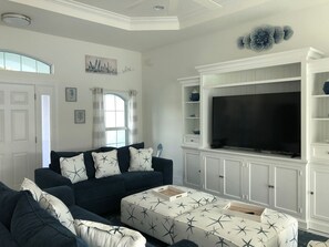 Smart TV, fireplace, DVD player, video library