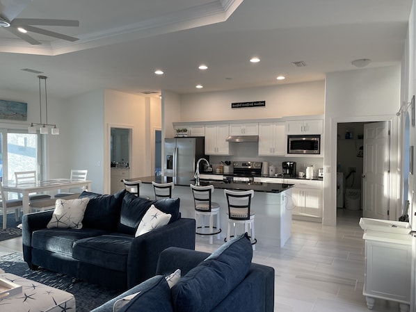 Smart TV, fireplace, DVD player, video library