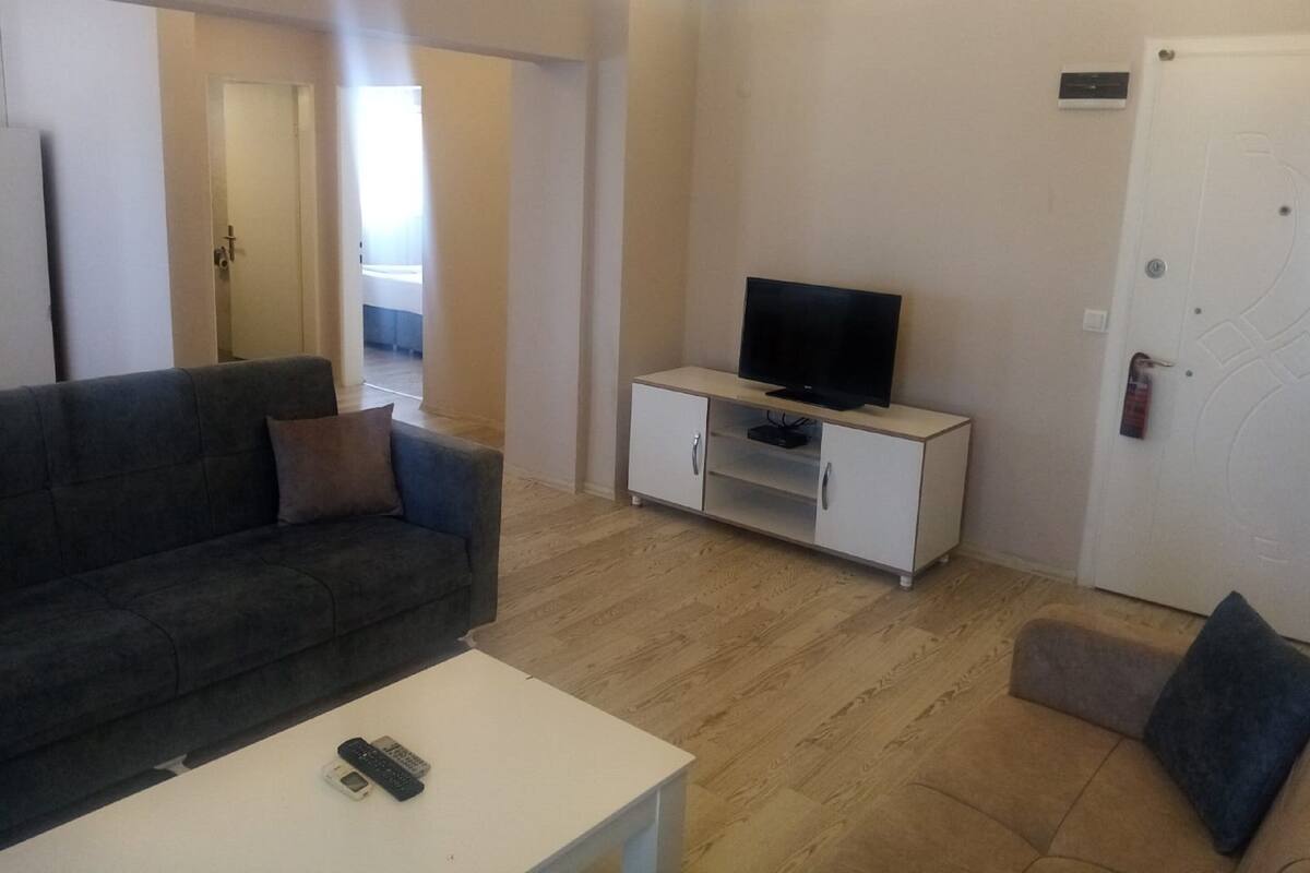 A living room with a grey sofa, a white coffee table, a TV on a white cabinet, and a door with a fire alarm.